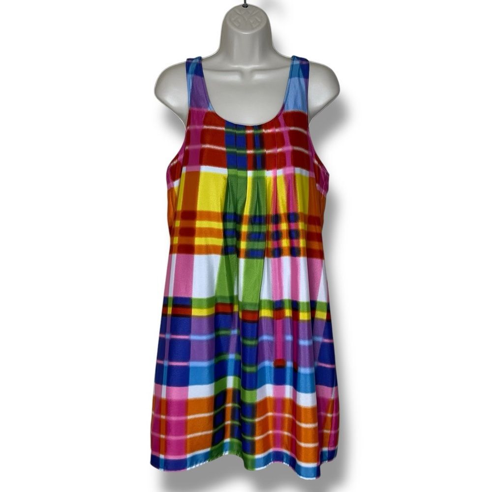 Madison Leigh Bright Plaid Racerback Sleeveless Shift Dress Women 12 Colorful